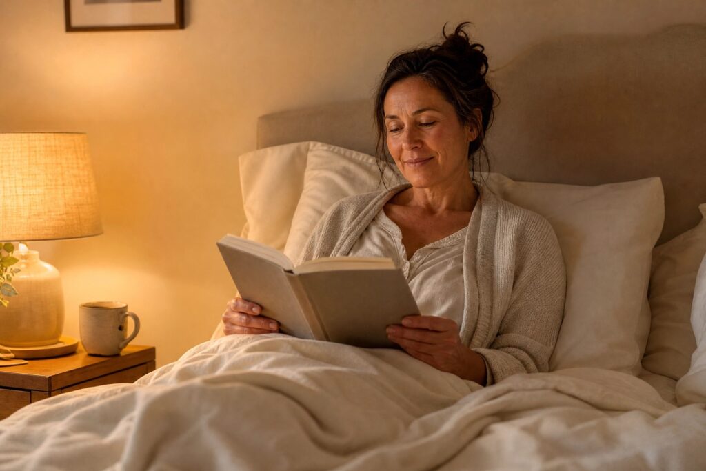 Adult reading beside a warm amber bedside light before bed