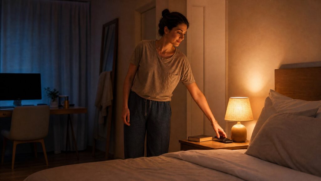 Person choosing warm amber bedroom lighting over blue evening light