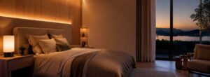 Modern Scandinavian bedroom with warm circadian lighting and smart LED bedside lamp
